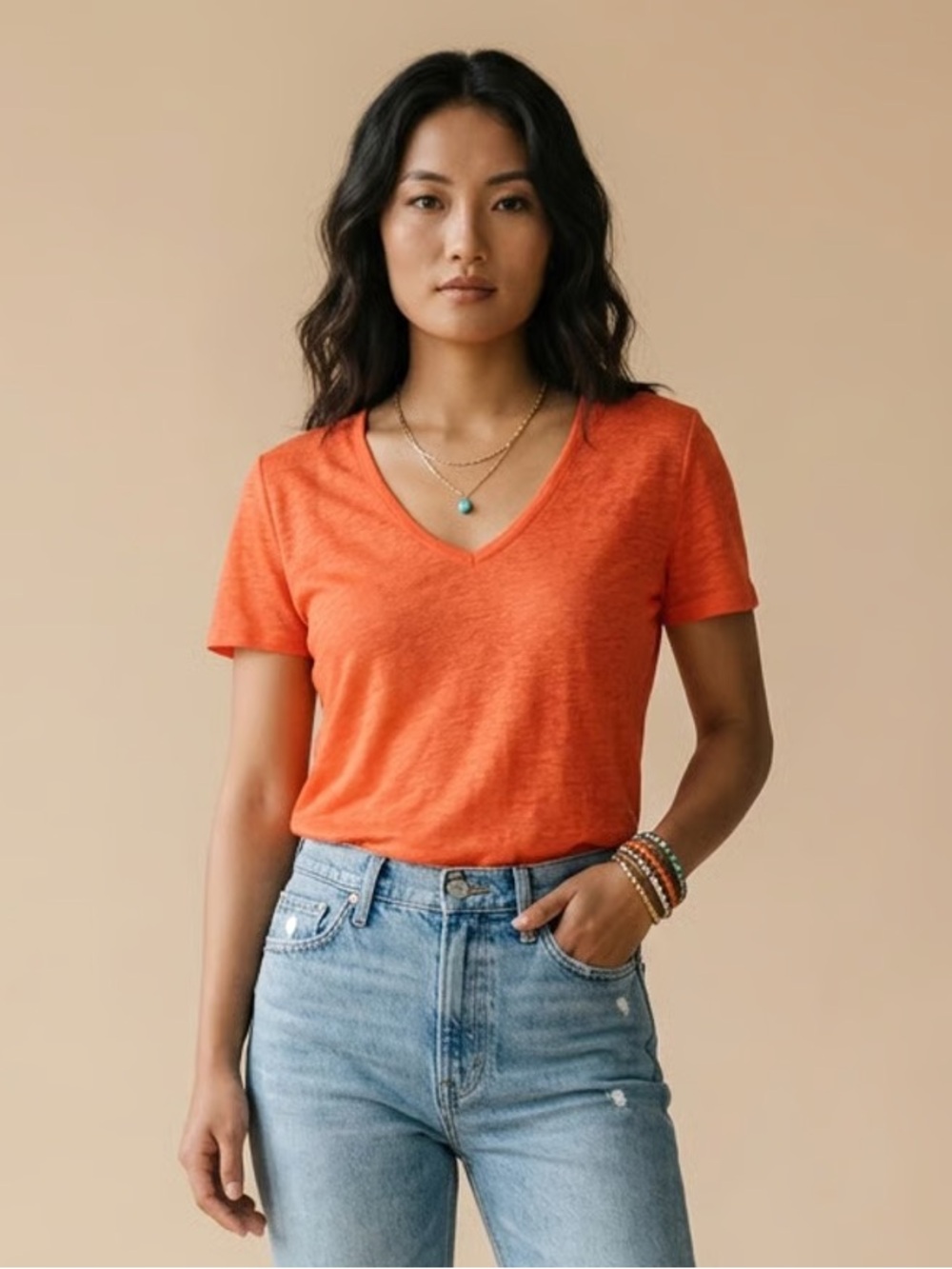 Holt Renfrew Orange Linen Short-Sleeve V-Neck Tee Sz L